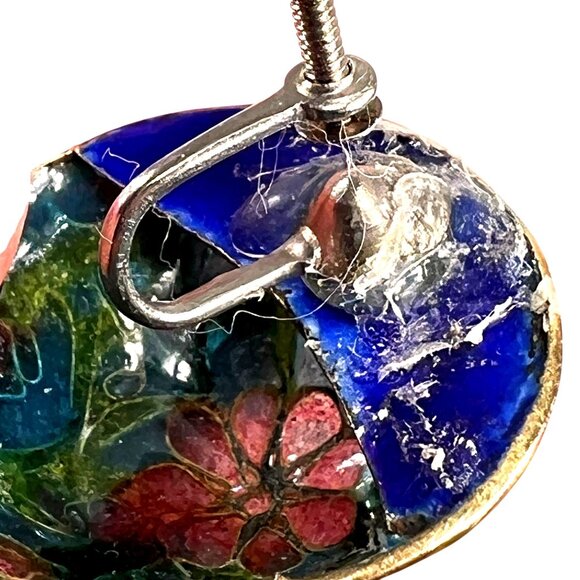 Vtg Floral Cloisonné Screw-Back Dome Earrings Floral Translucent Enamel Art - Picture 7 of 11